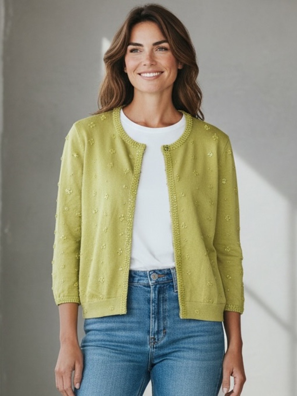 INC Yellow Lime Sequin-Embellished Crewneck Cardigan